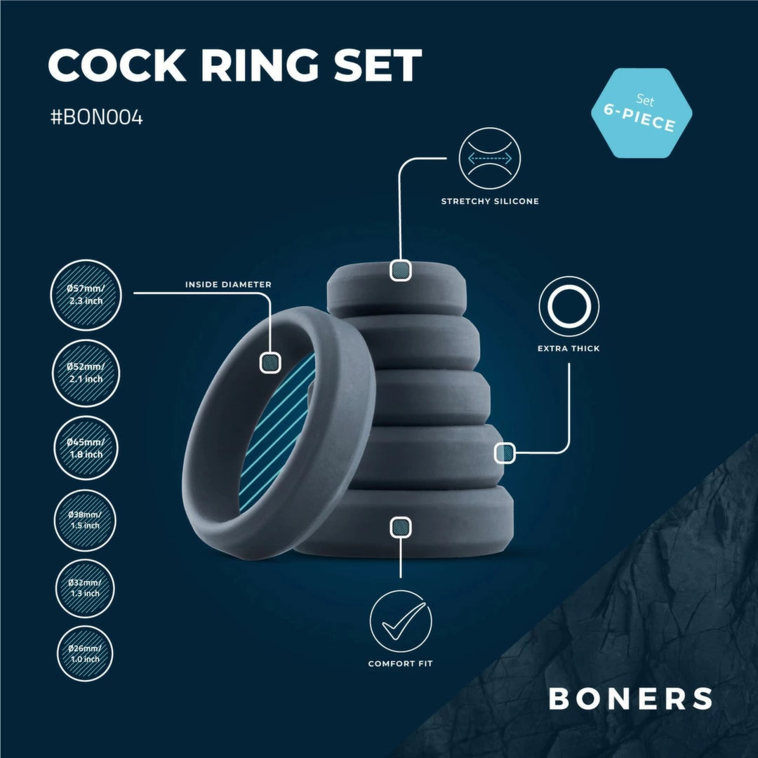 Mister B Set of 6 Silicone Rings – 6 Sizes, Black